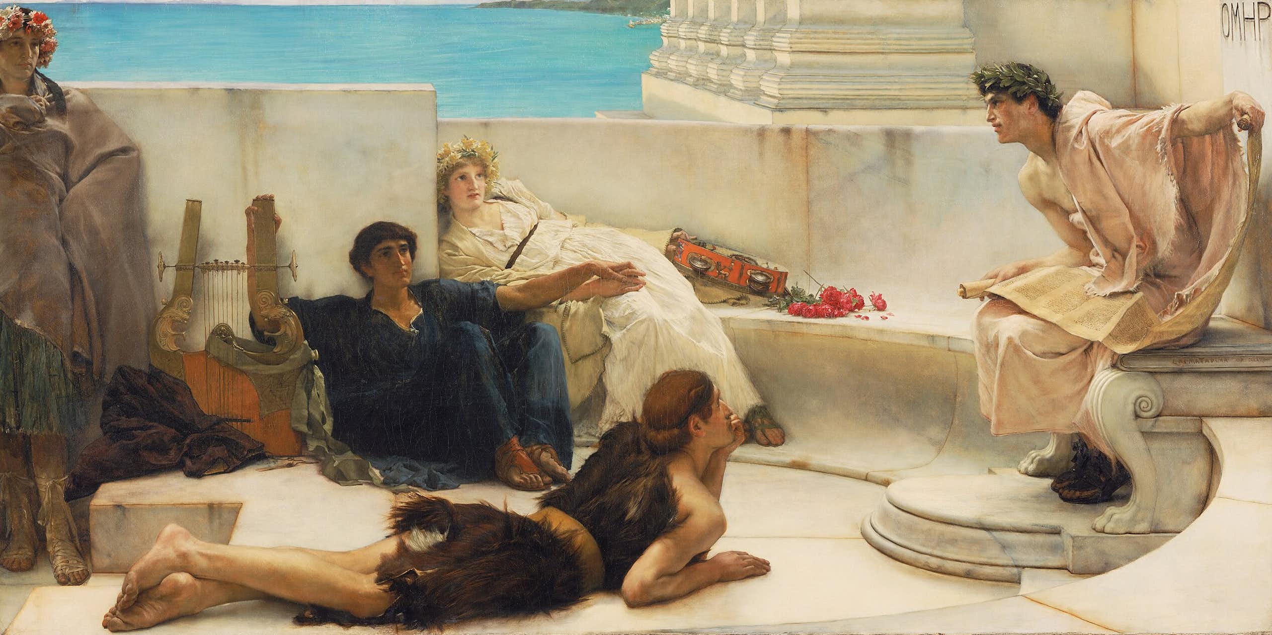 Painting of people listening to a narrator