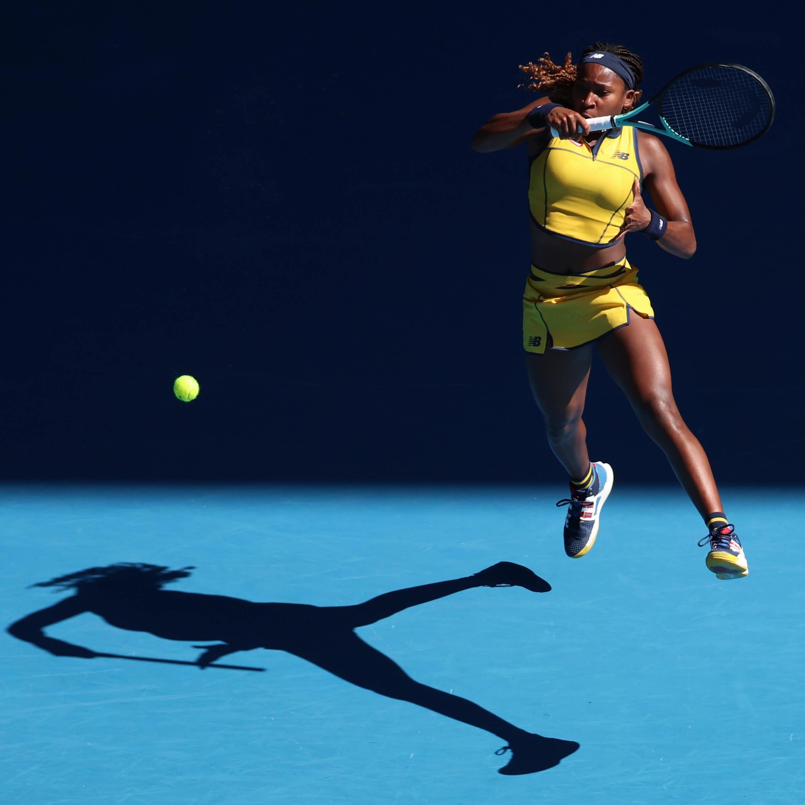 Coco Gauff slams a forehand during the 2024 Australian Open