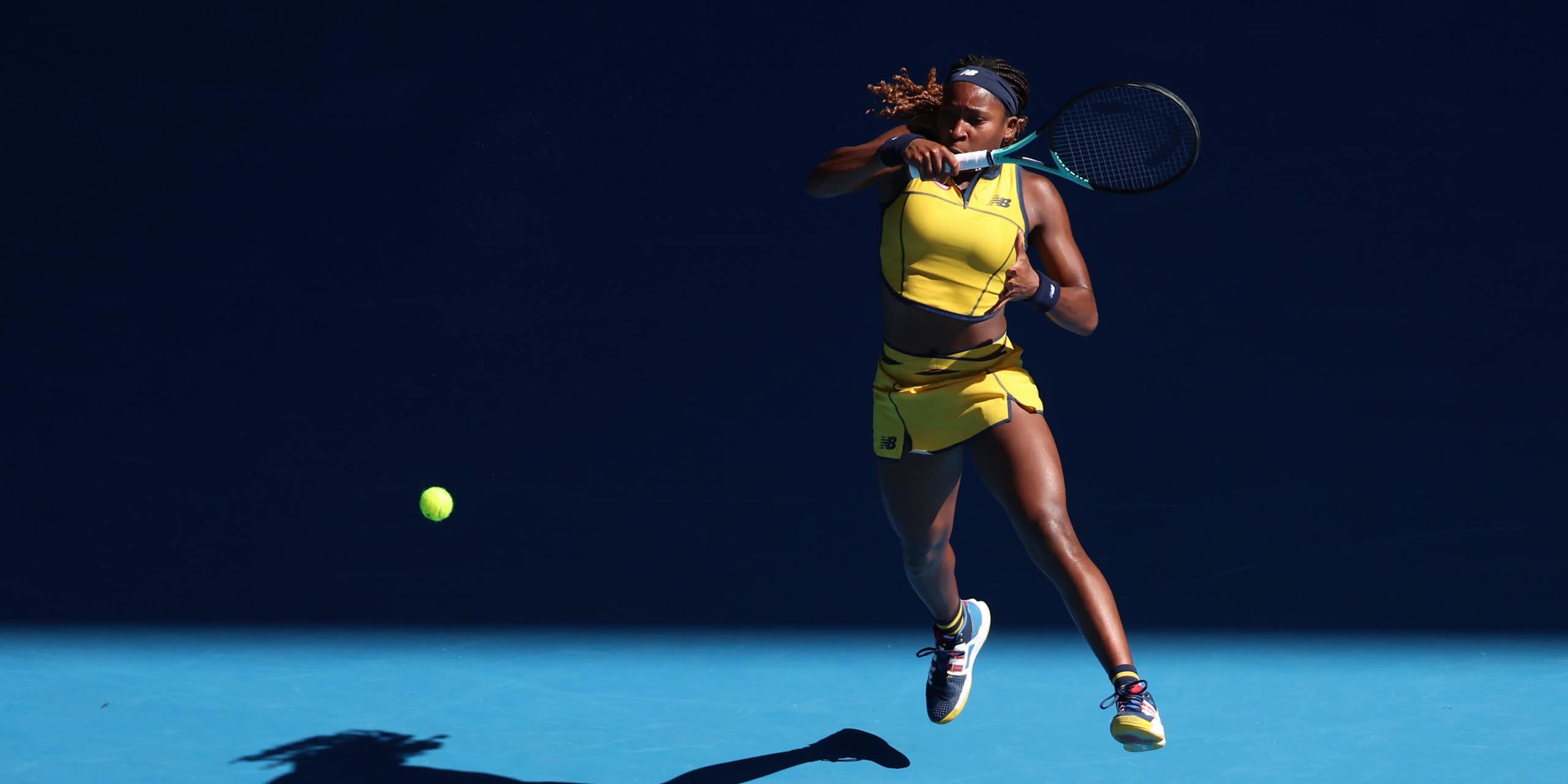 Coco Gauff slams a forehand during the 2024 Australian Open