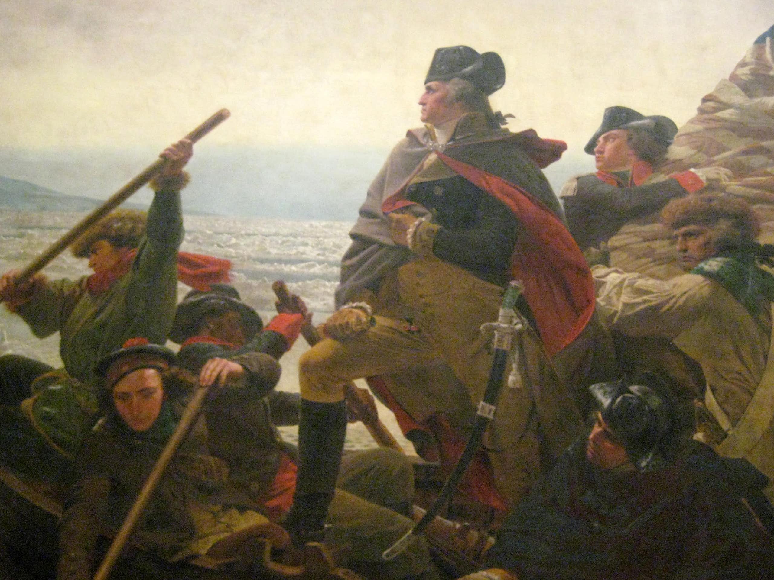 A painting shows a man in uniform in a boat being paddled across a river.