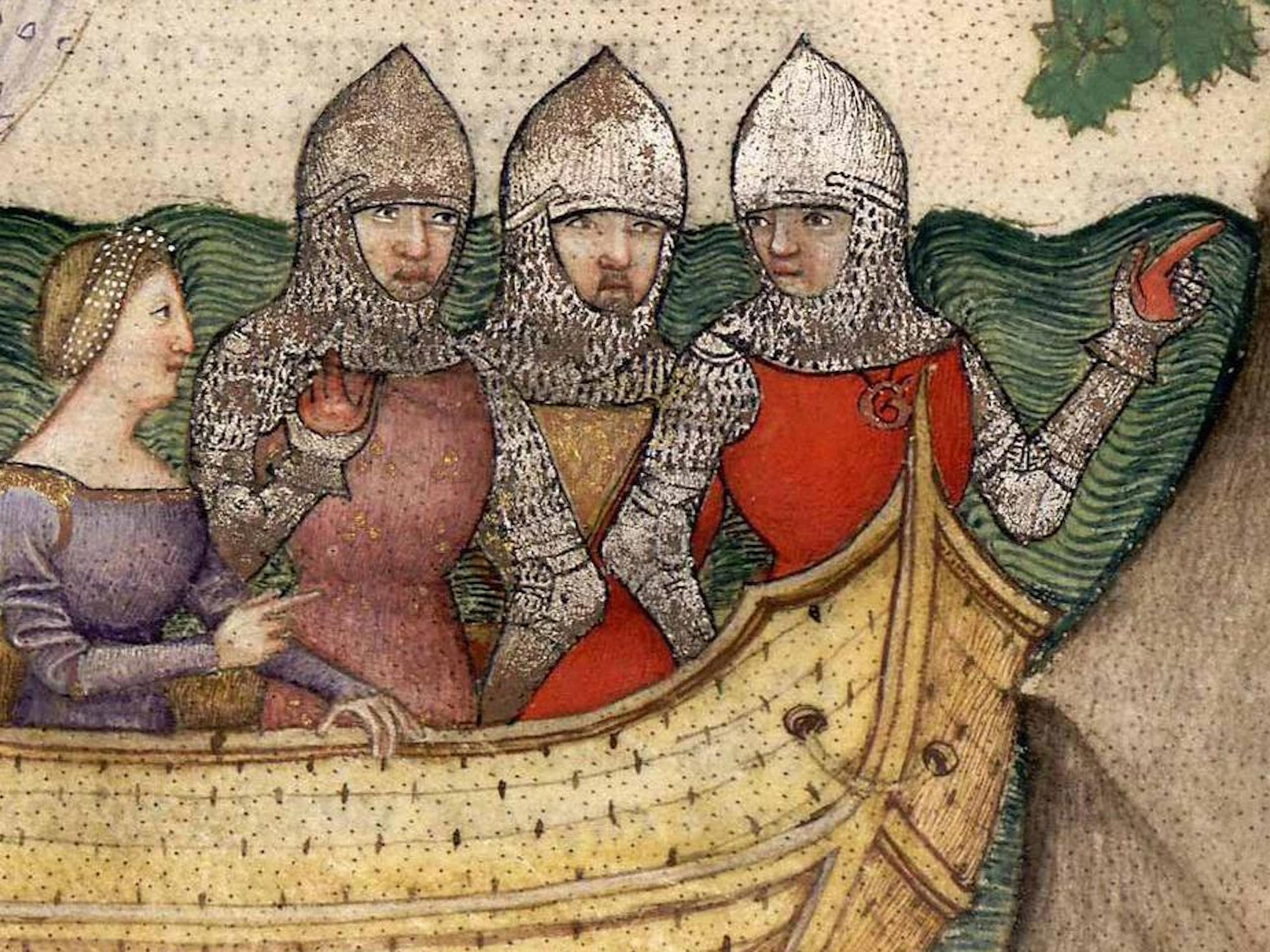 A medieval woman in a boat with soldiers.