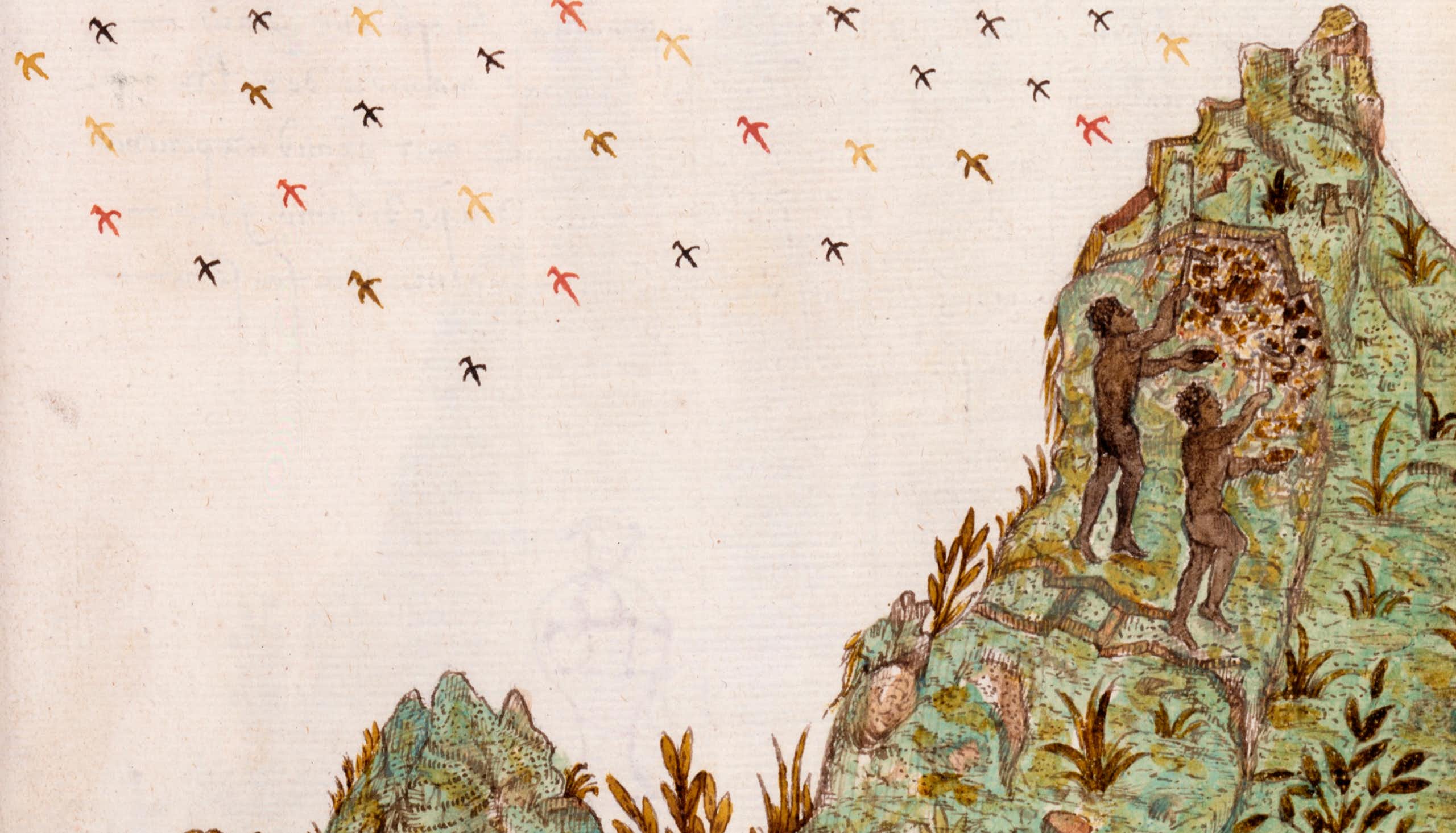 Uma ilustração grosseira de duas pessoas de pele escura coletando material brilhante em uma montanha, com pássaros no céu atrás delas.