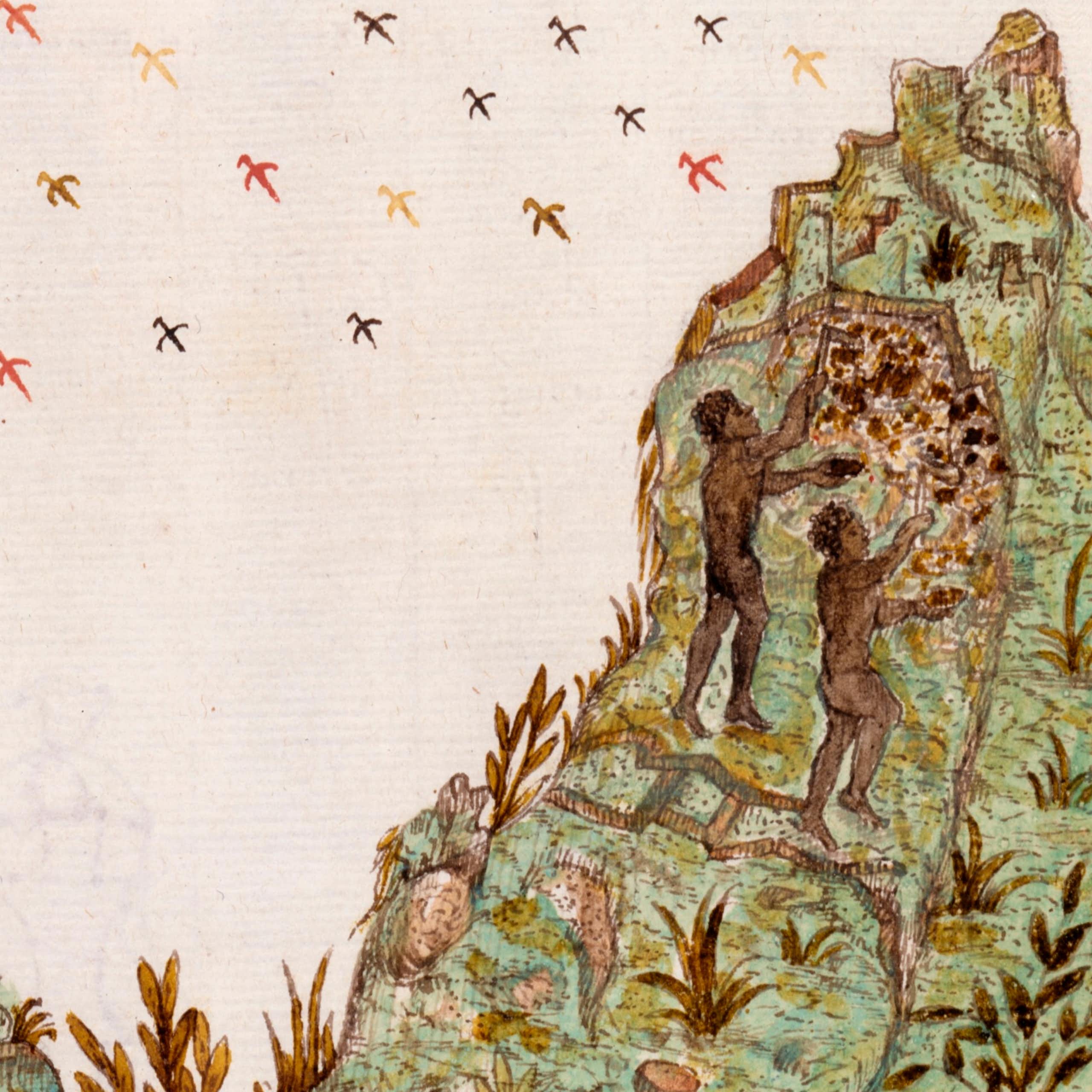 Uma ilustração grosseira de duas pessoas de pele escura coletando material brilhante em uma montanha, com pássaros no céu atrás delas.