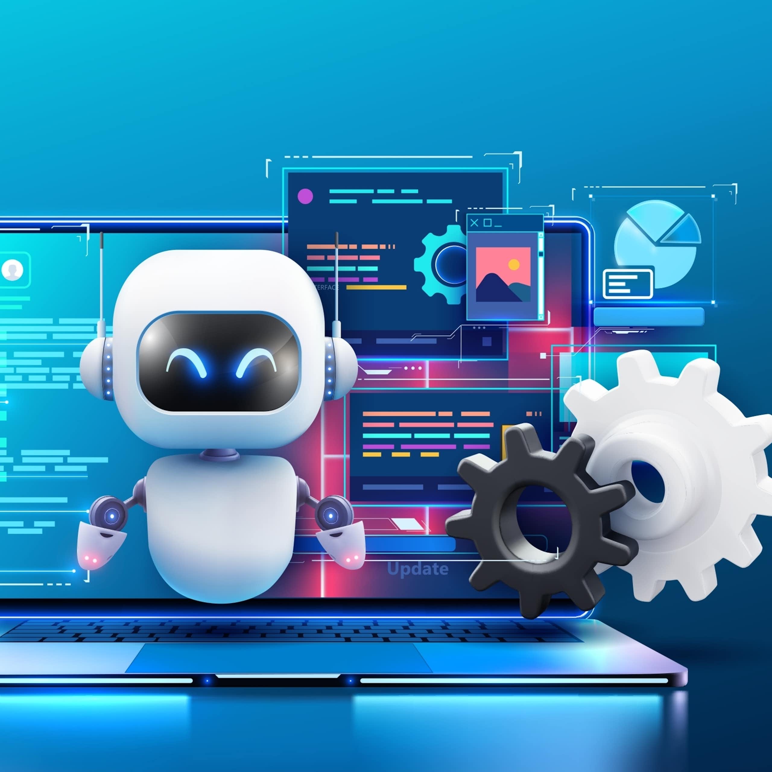 An illustration of a little robot performing tasks on a computer.