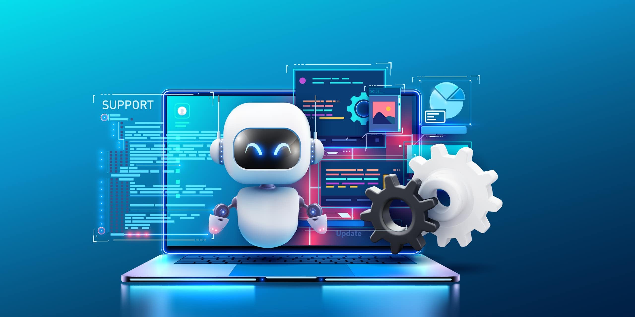 An illustration of a little robot performing tasks on a computer.