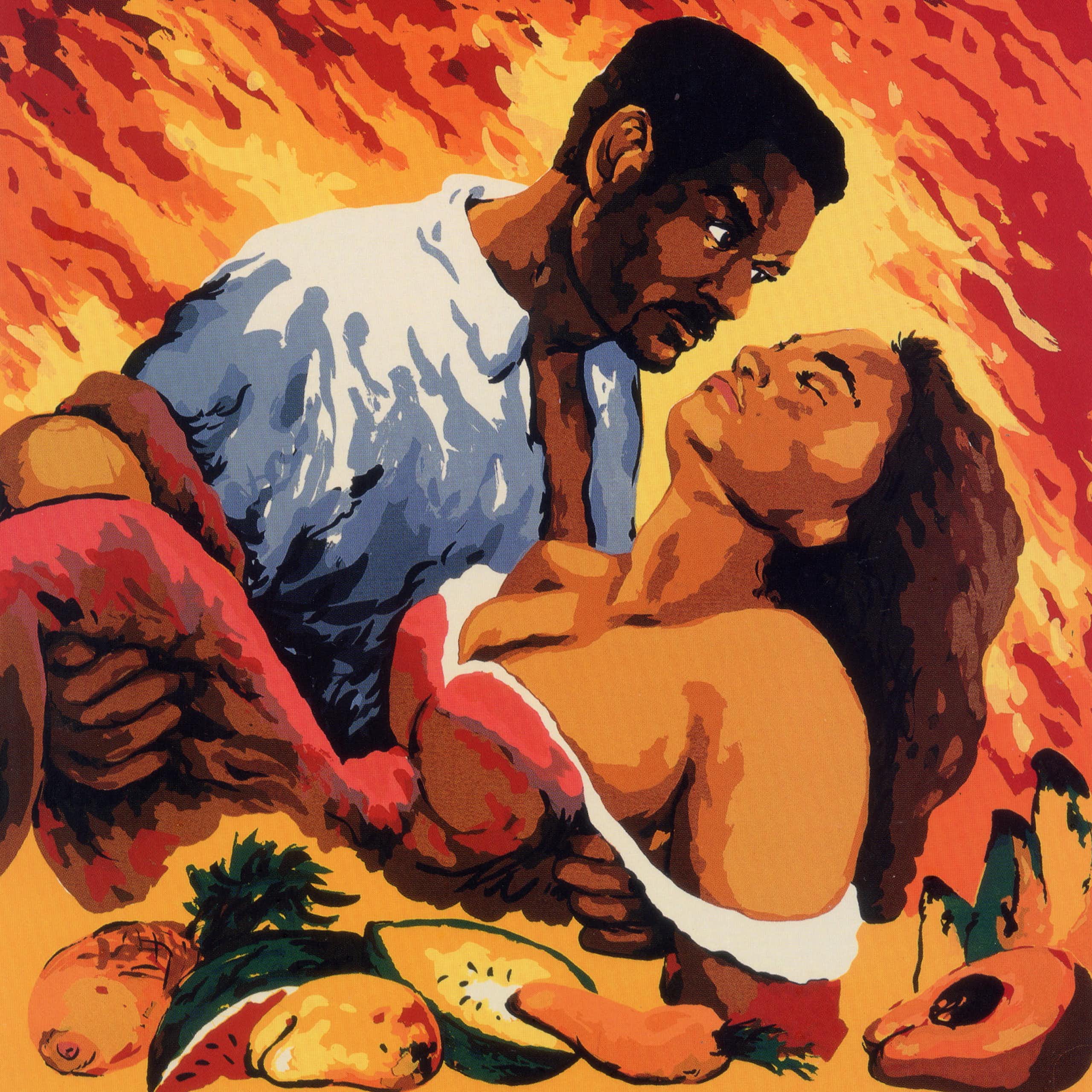 A painting of a Black man and woman, the man holds the woman in his arms. Words at the top read: Gone with the macho