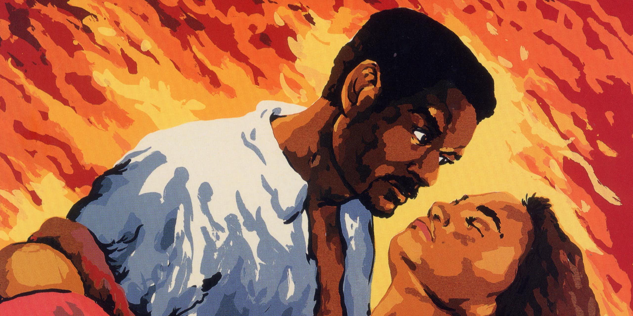 A painting of a Black man and woman, the man holds the woman in his arms. Words at the top read: Gone with the macho