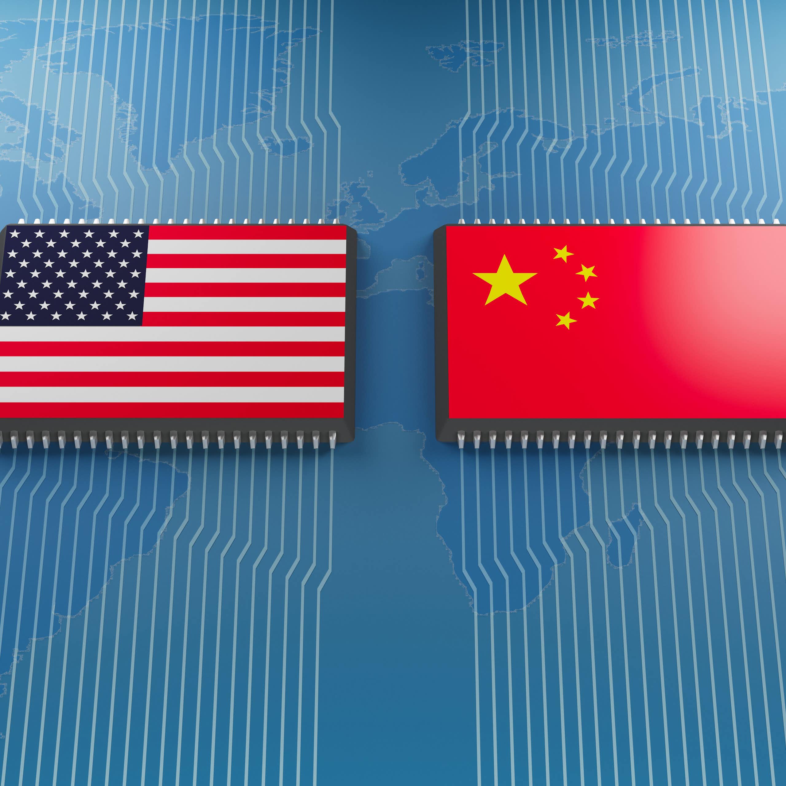 American and Chinese flags depicted as microchips