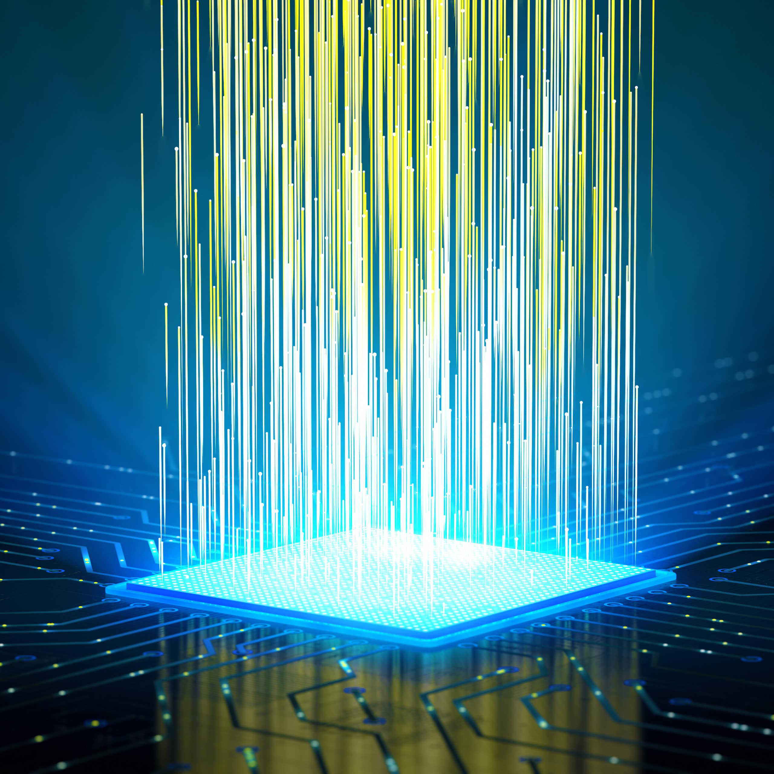 A bright blue square with beams of light shooting up vertically, artist concept.