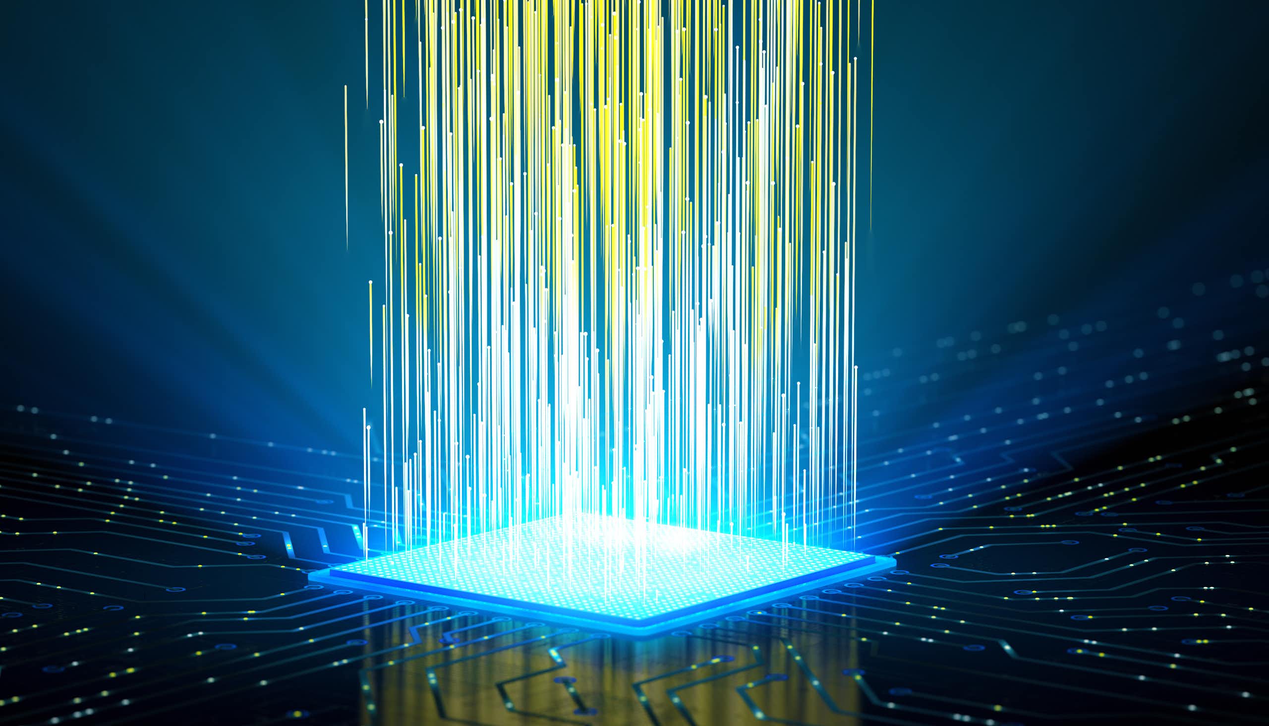 A bright blue square with beams of light shooting up vertically, artist concept.