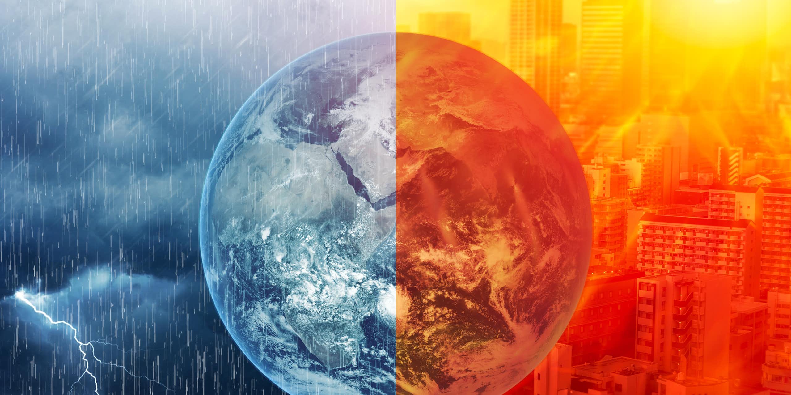 graphic of earth half split into red wildfires, half grey heavy rain