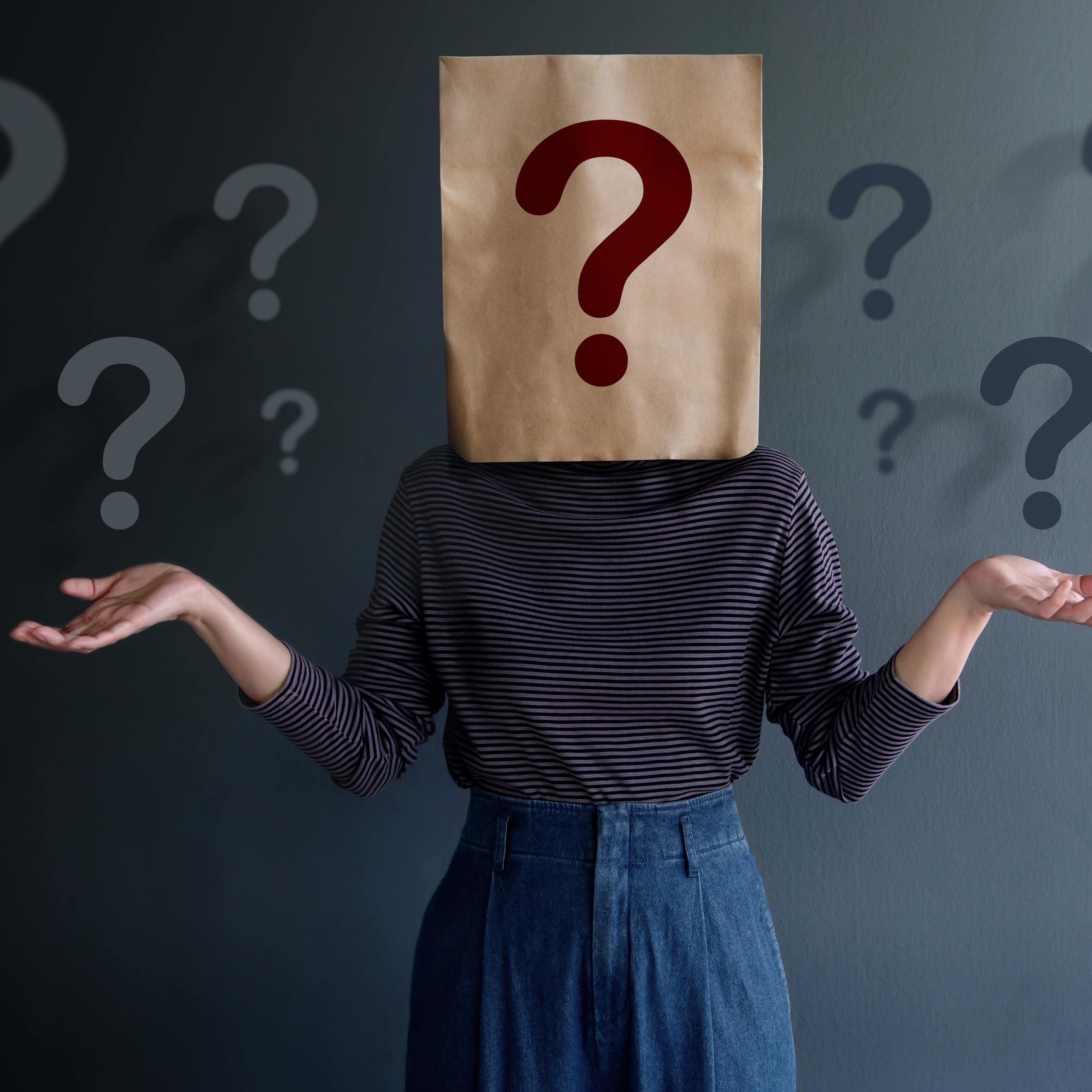 A paper bag with a question mark over a person's body.