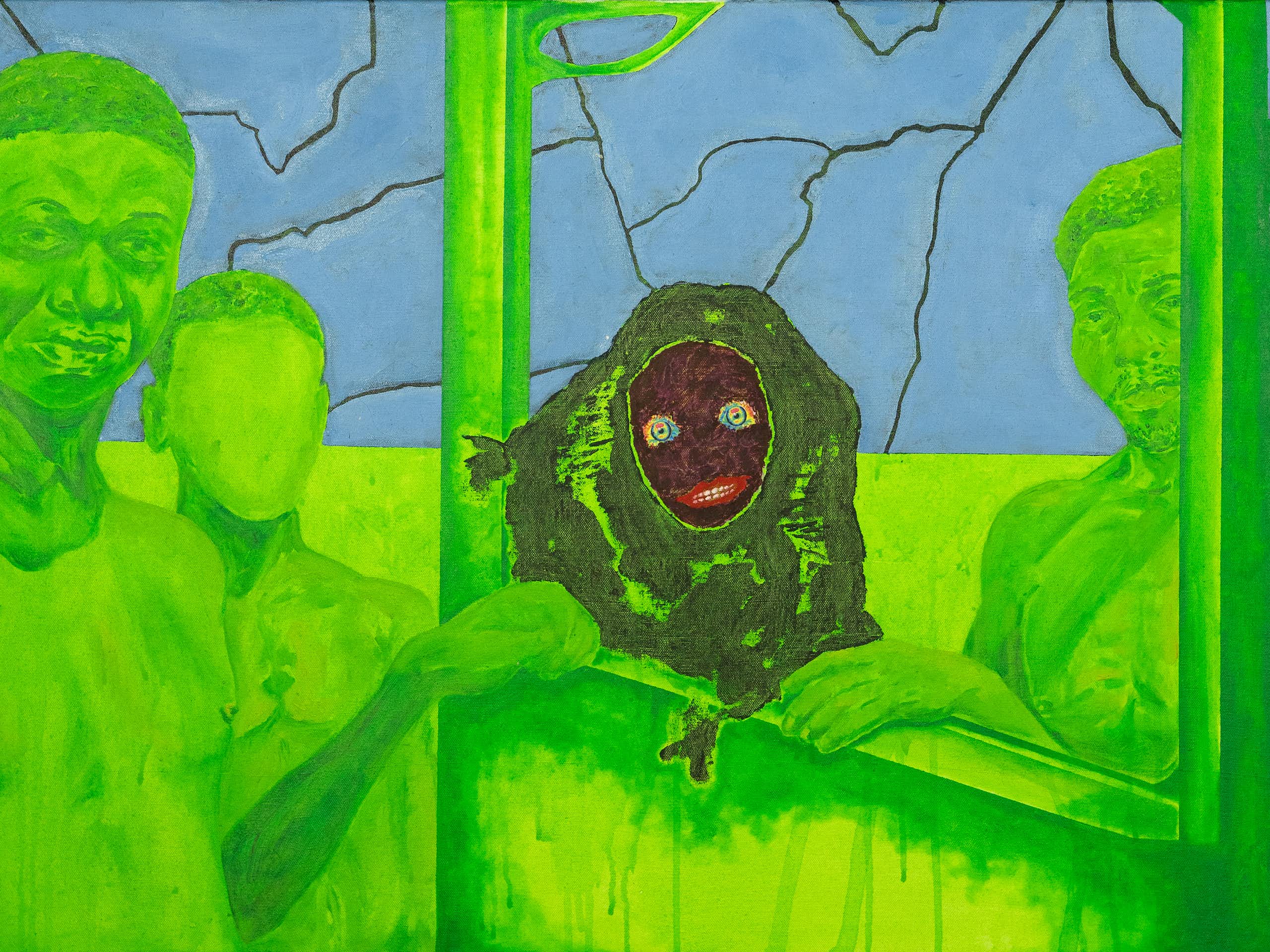 A painting in lurid green with a cracked blue background. Three shirtless African men stand around a doorframe. An abstract, ghostlike figure stands in the middle with a brown face in a shapeless body.