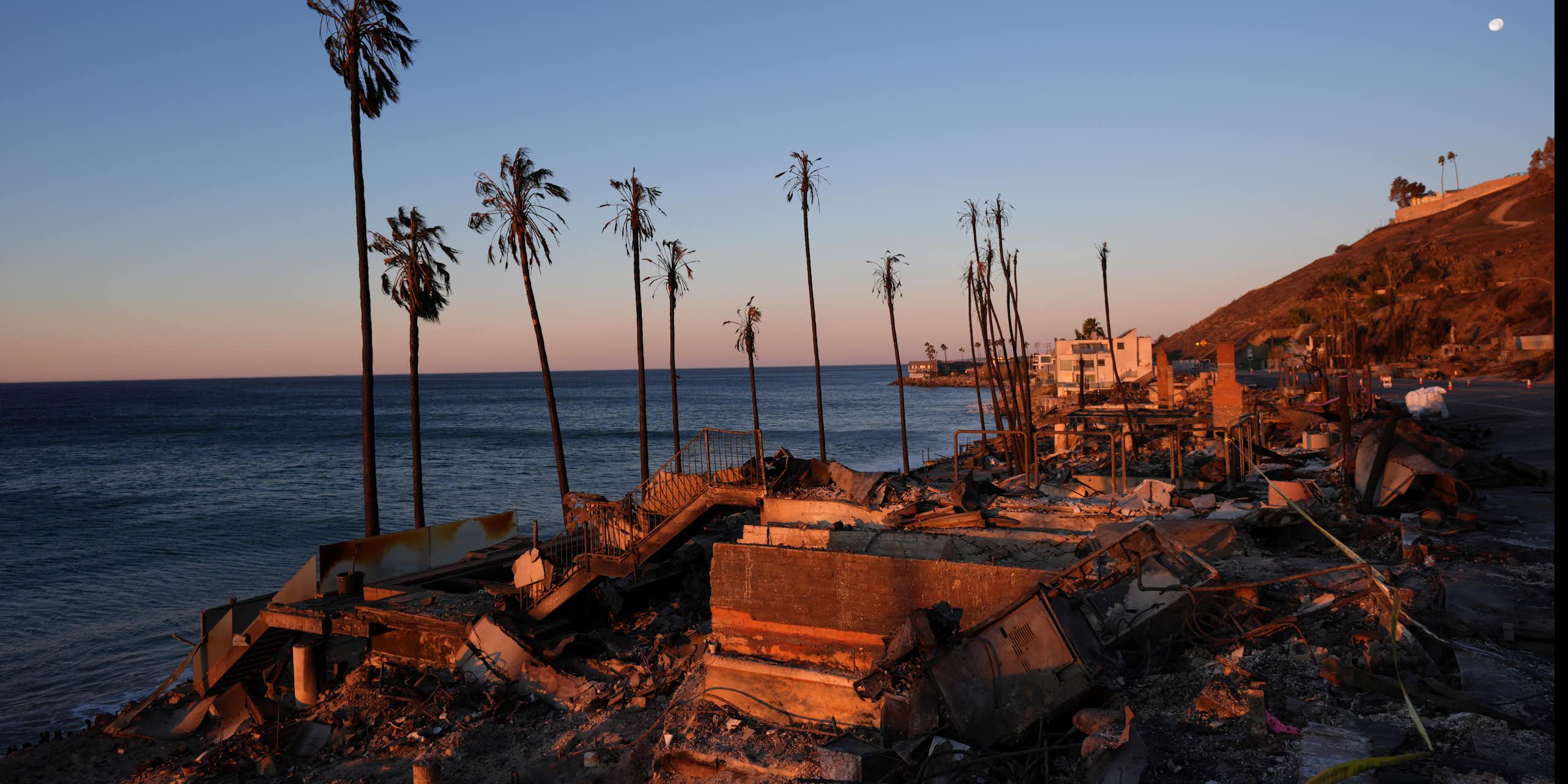 A beach front home destroyed by the Palisades Fire is seen in Malibu