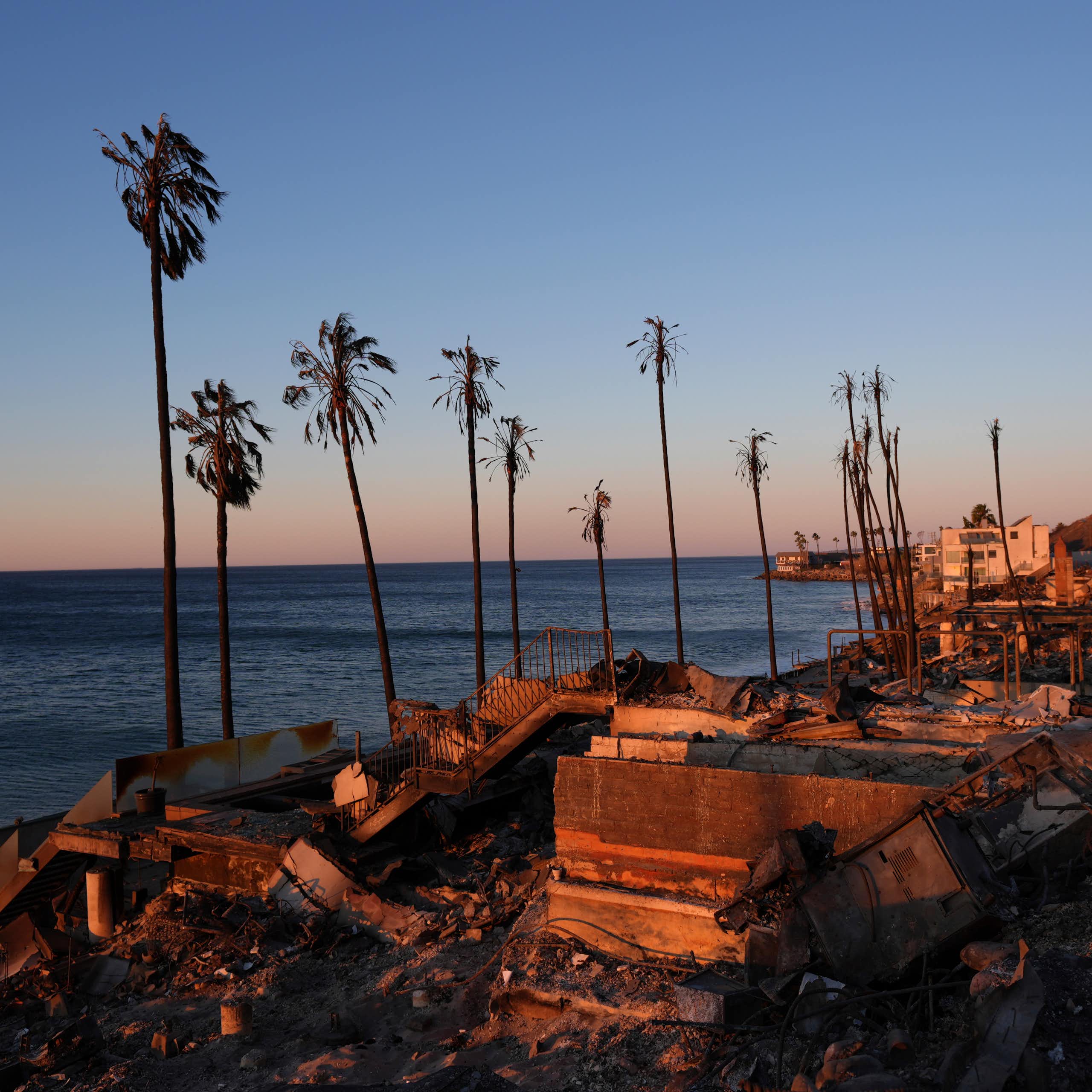 A beach front home destroyed by the Palisades Fire is seen in Malibu