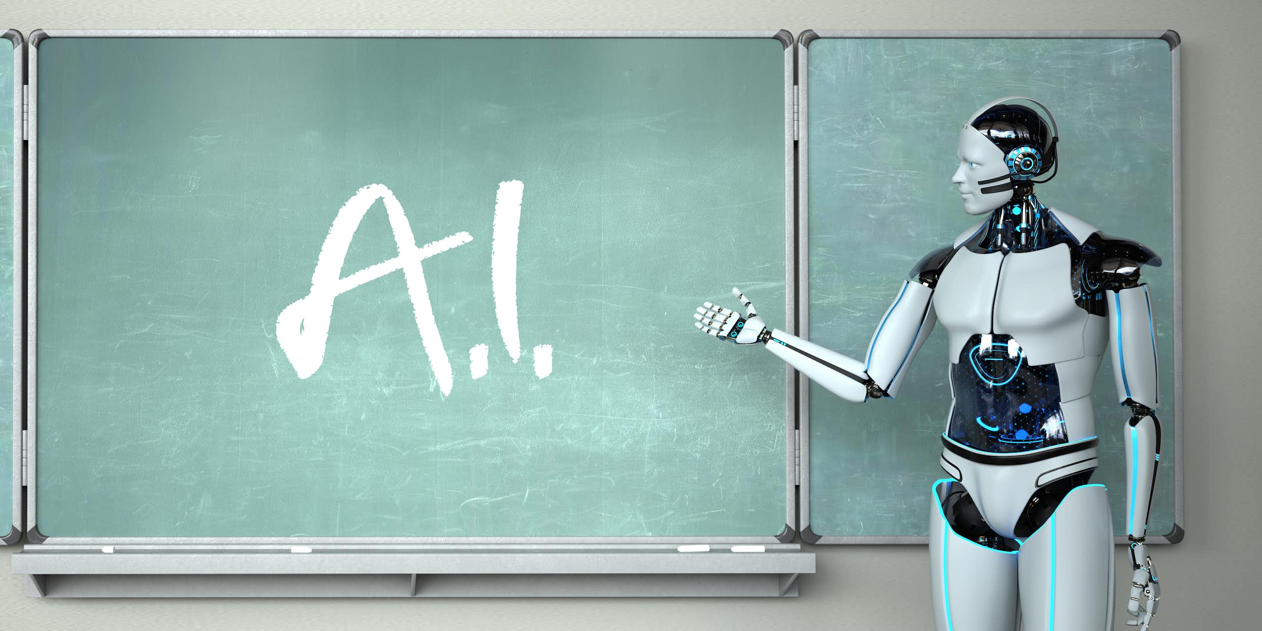 A 3D illustration of a humanoid robot standing at a green chalkboard. The word AI is written on the board in white chalk