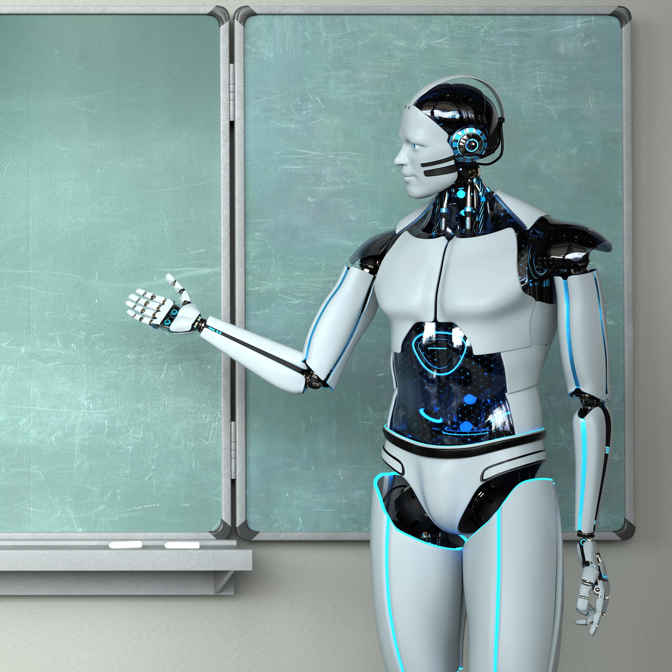 A 3D illustration of a humanoid robot standing at a green chalkboard. The word AI is written on the board in white chalk