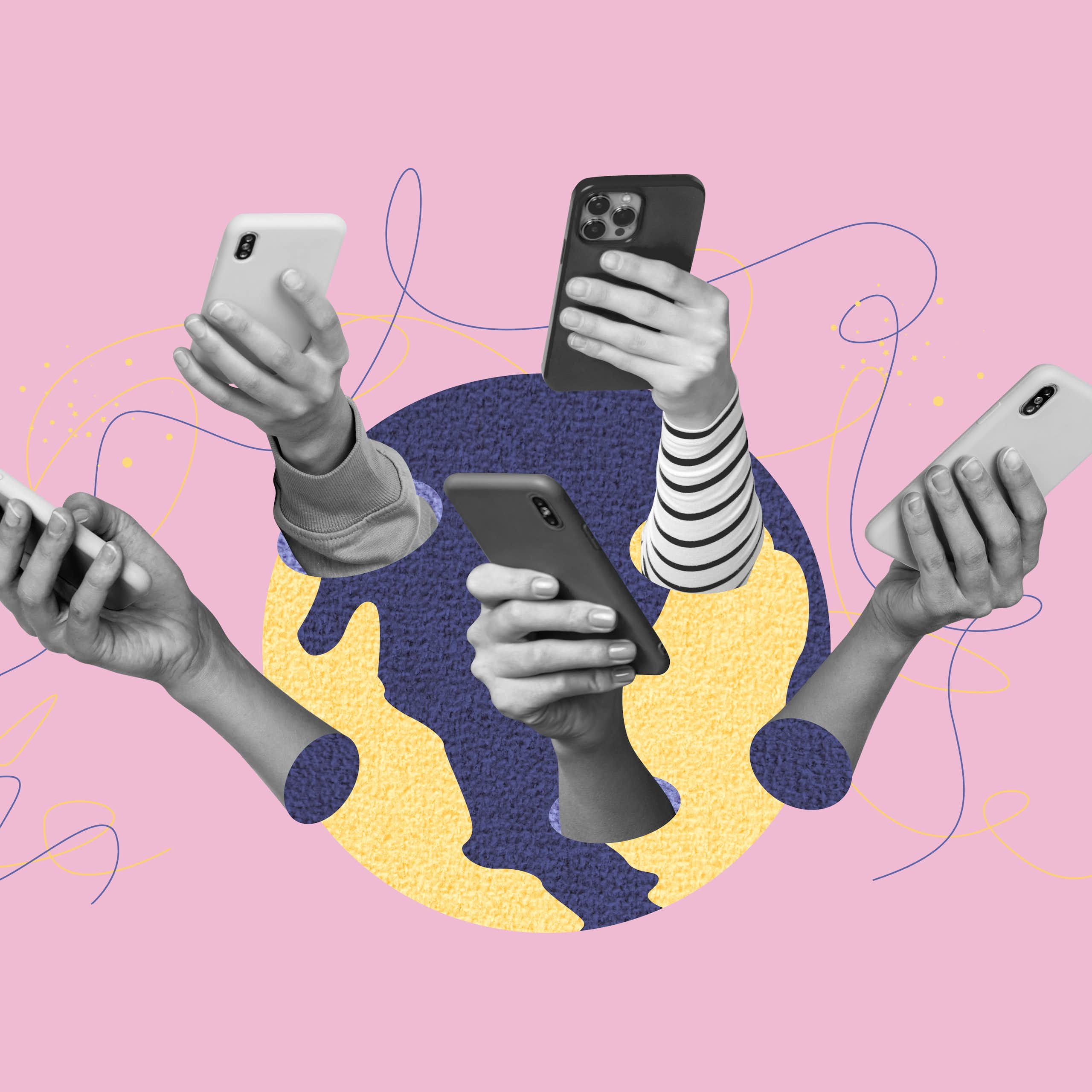A series of hands holding smartphones against a pink backdrop