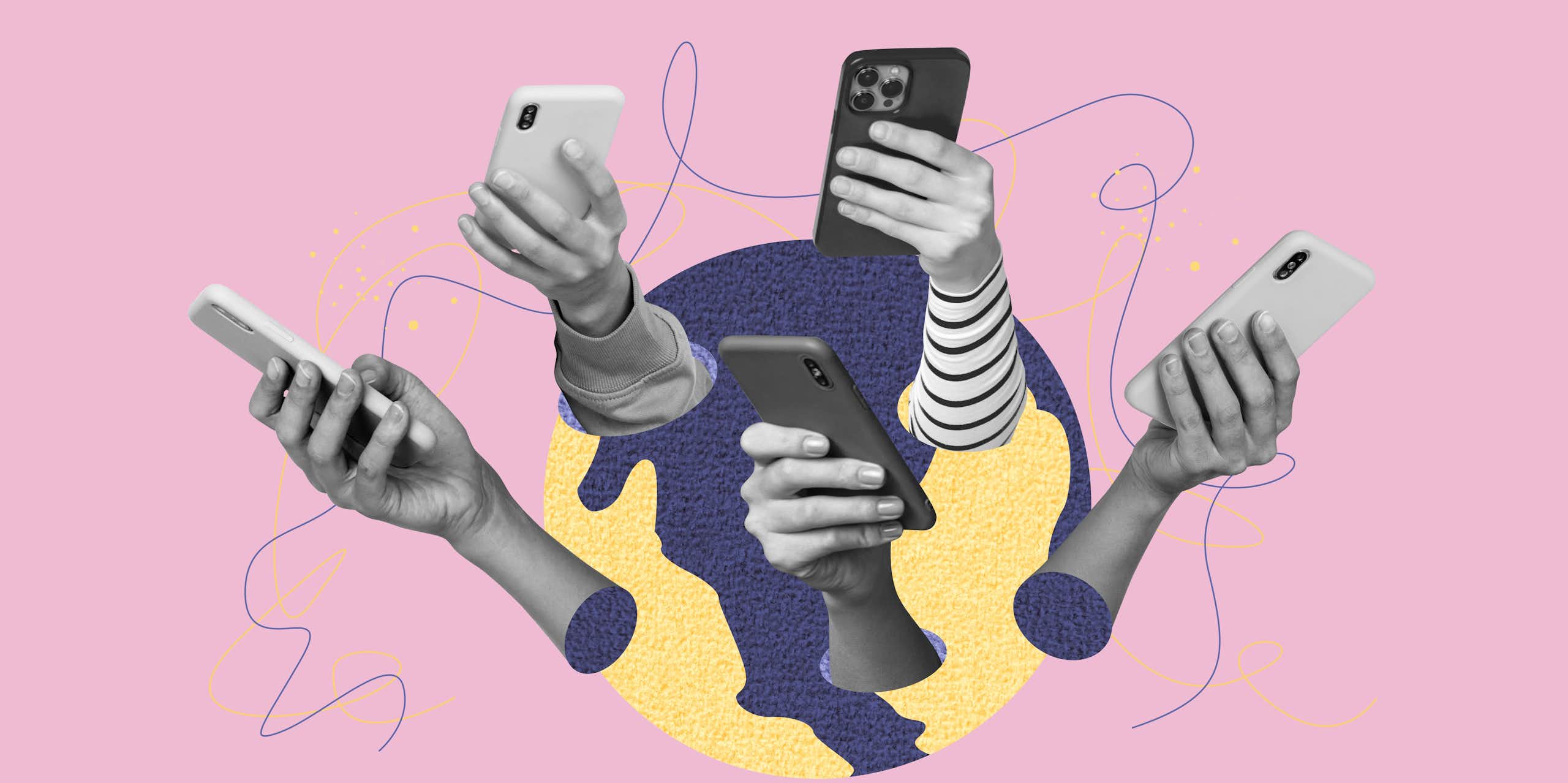 A series of hands holding smartphones against a pink backdrop