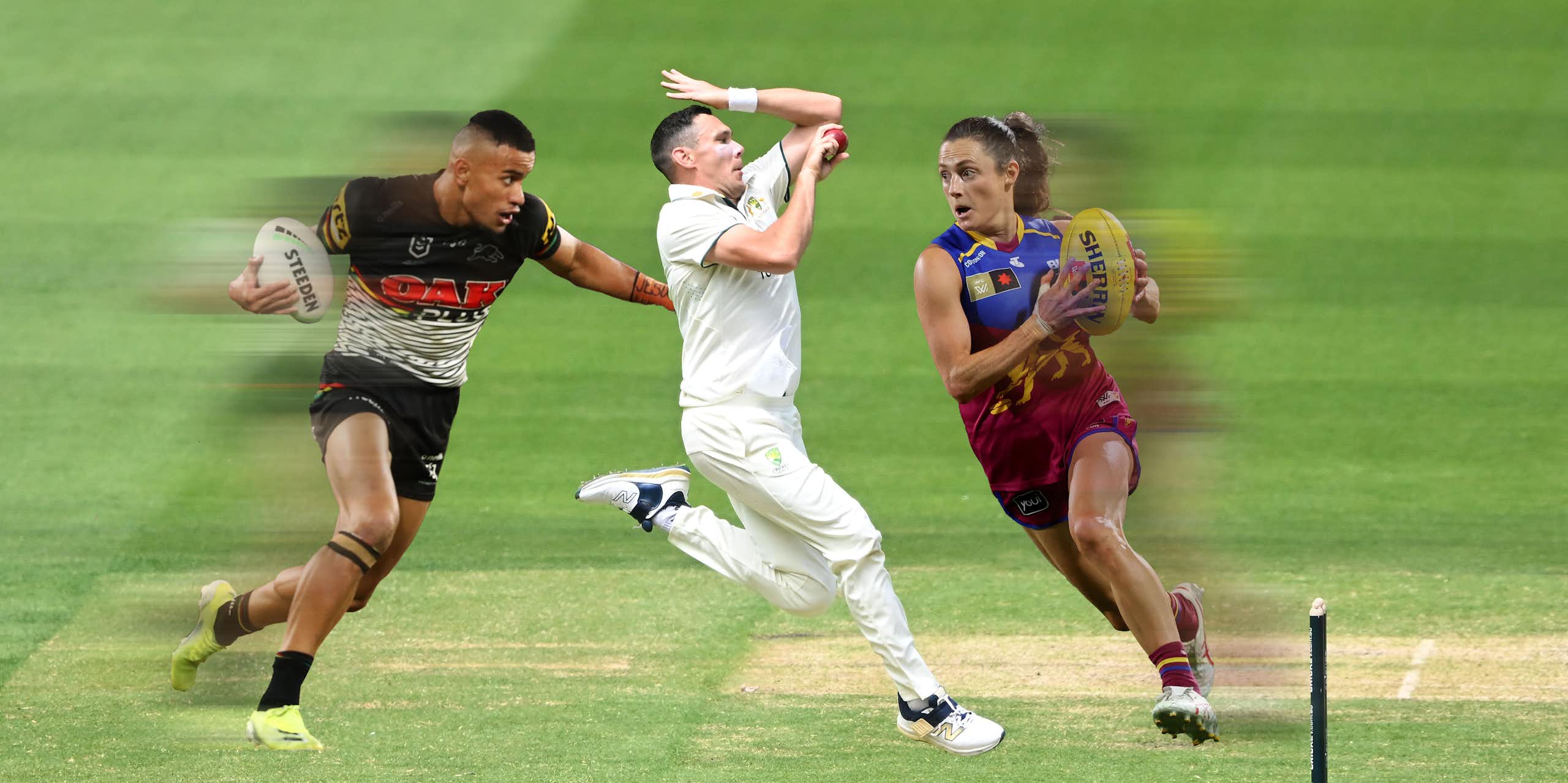 Scott Boland of Australia bowls while Stephen Crichton and Ruby Svarc try to tackle him