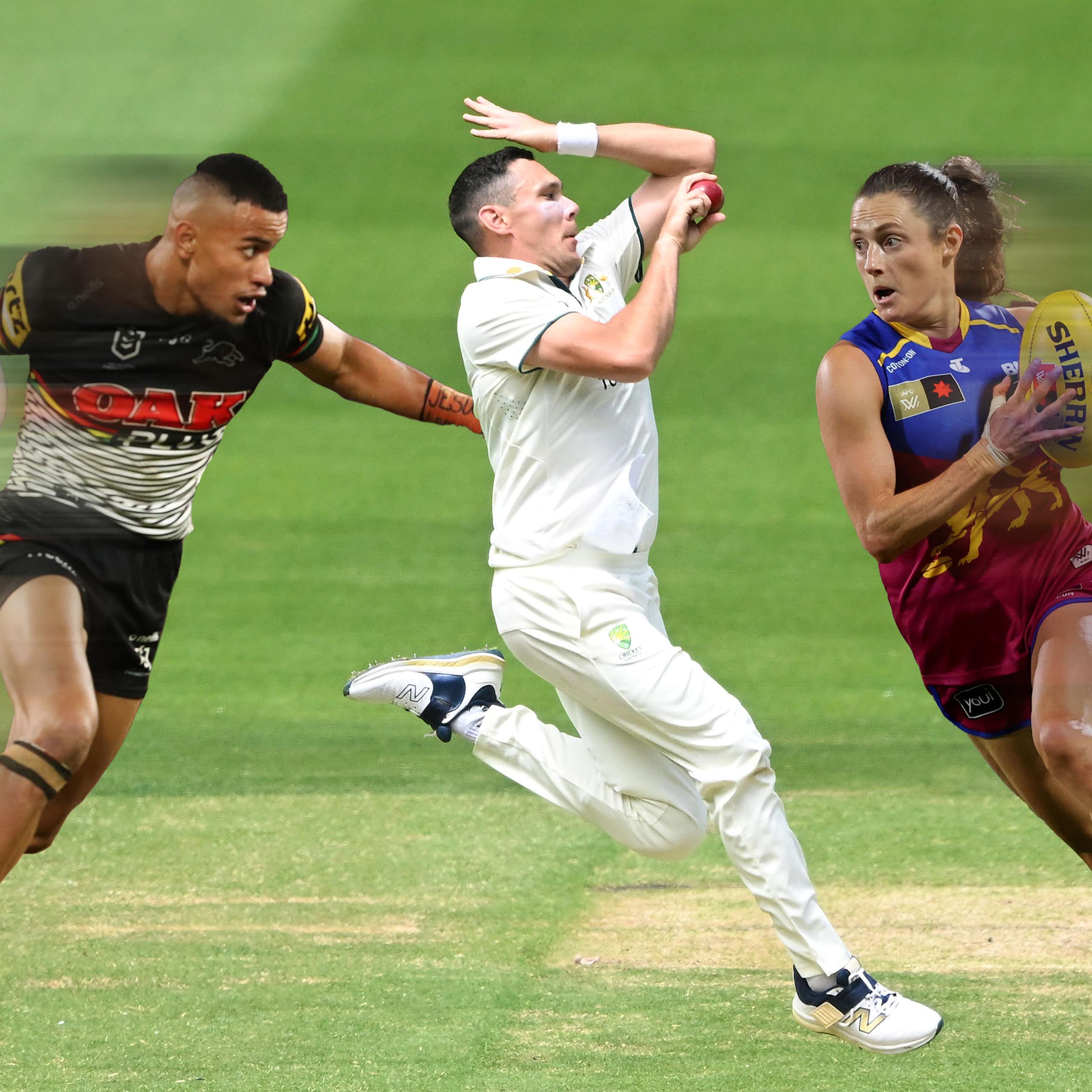 Scott Boland of Australia bowls while Stephen Crichton and Ruby Svarc try to tackle him