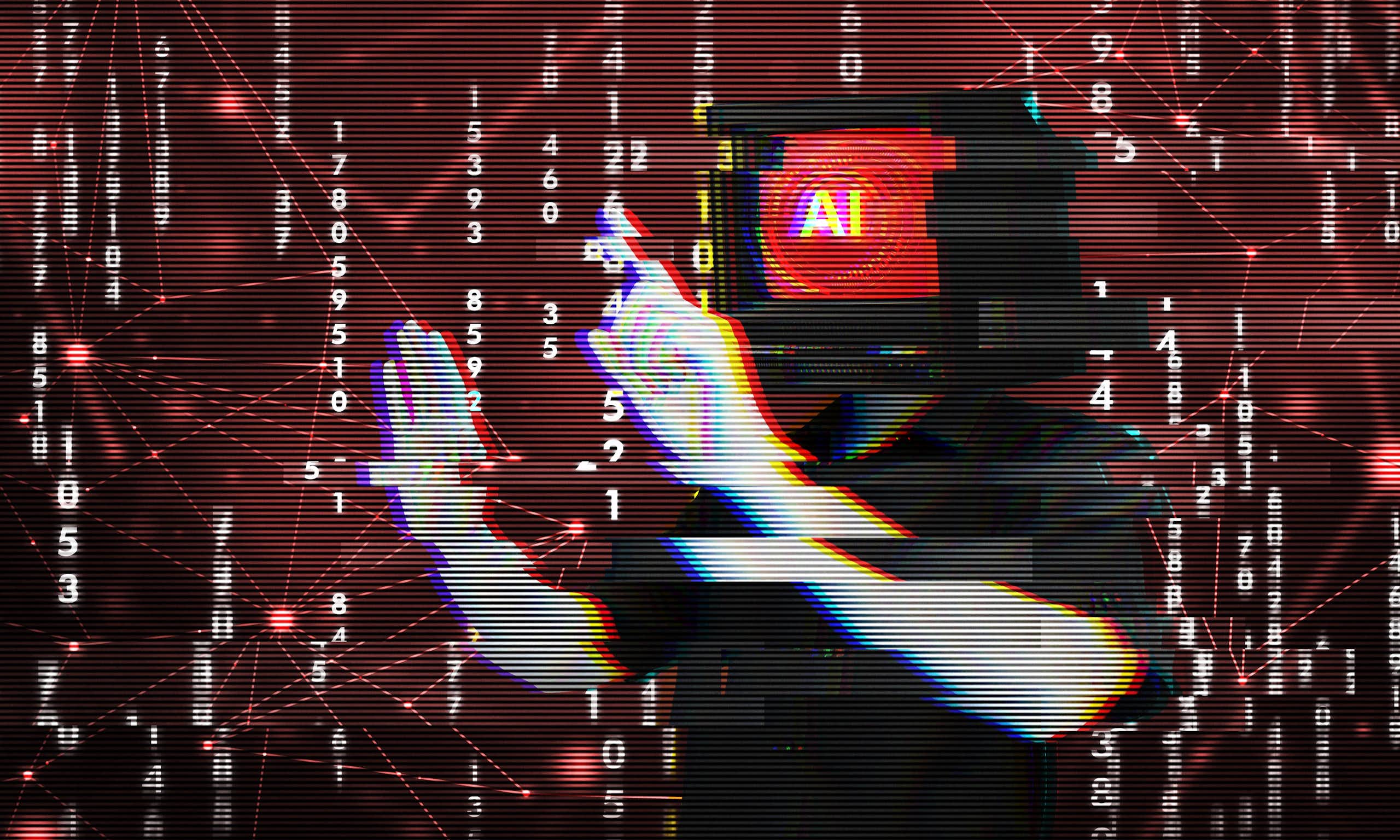 Person with a computer screen head symbolizing artificial intelligence.