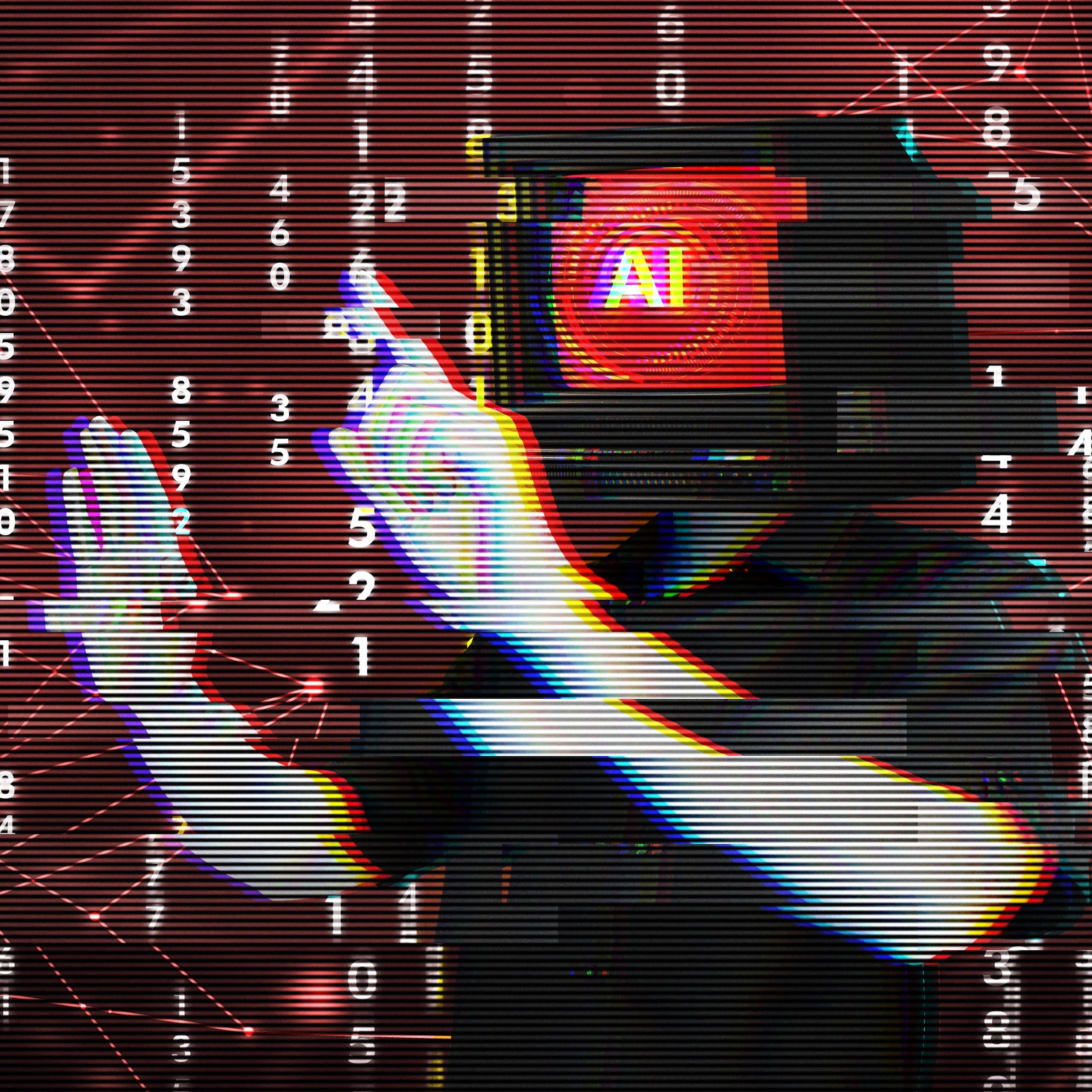 Person with a computer screen head symbolizing artificial intelligence.