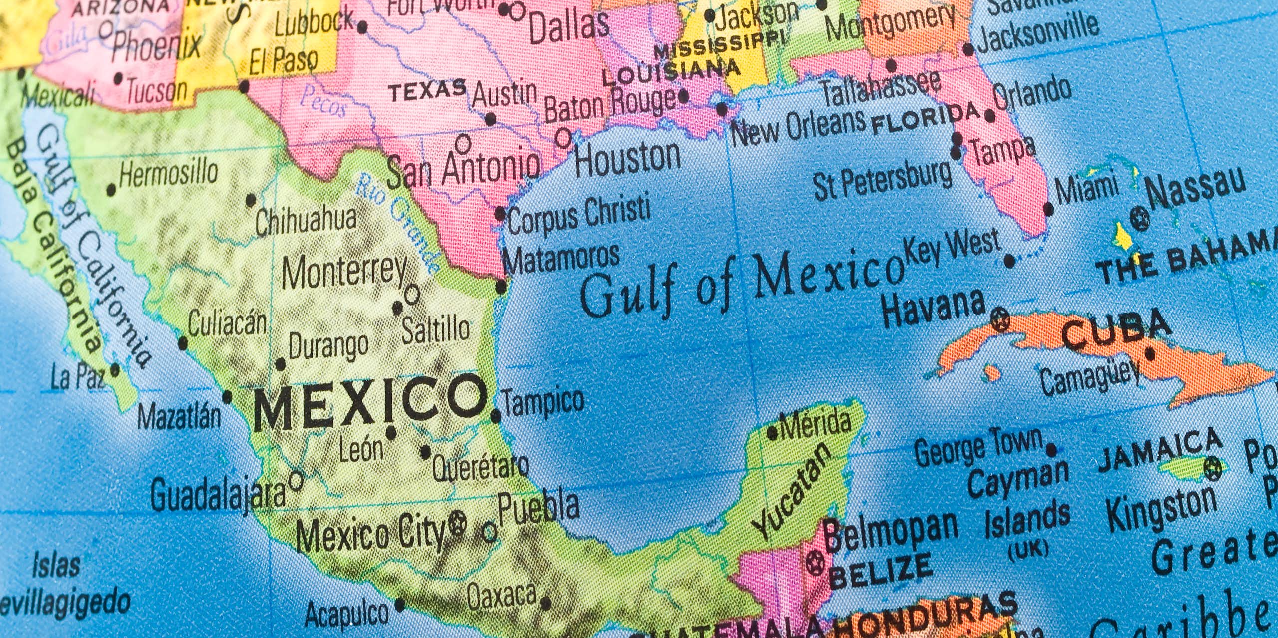 Map of Gulf of Mexico showing southern USA, Mexico and Central America