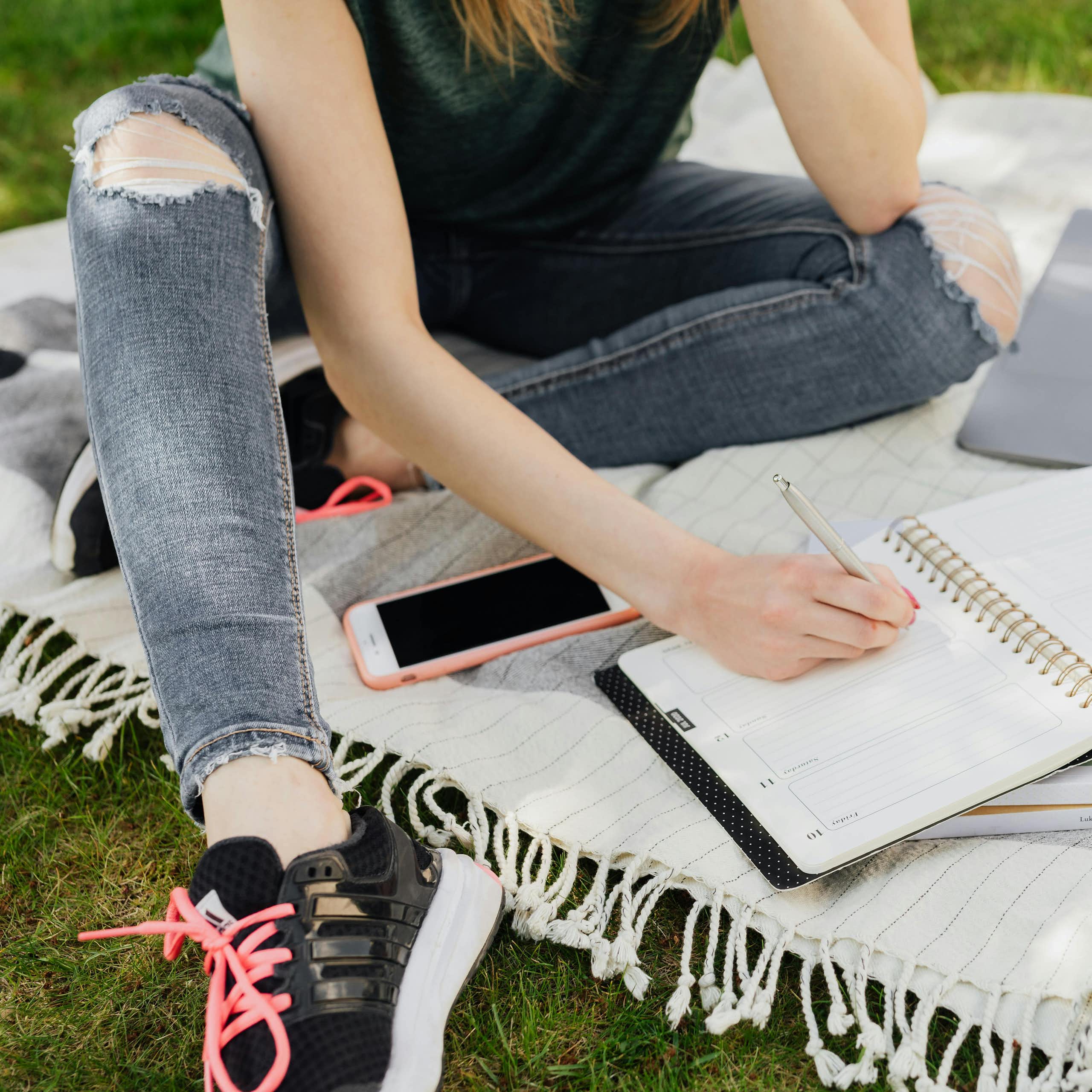 A young person sits on a picnic blanket on grass, with a laptop, planner and notebooks. 